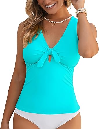 GRAPENT StrapCore Tankini Tops for Women Knotted Keyhole Padded Adjustable Bathing Suit Modest Swimsuit Swimwear Swim Top Only