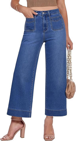 GRAPENT Cropped Jeans for Women Trendy 2026 Wide Leg High Waisted Patch Pocket Stretchy Denim Pants Short Trouser Jeans