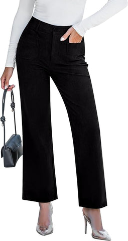 Grapent Women's Cozy Corduroy Wide Leg Pants Elastic Waist Loose Trousers for Cold Seasons