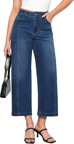 GRAPENT Wide Leg Jeans Woman Trendy Cropped High Waisted Front Seam Casual Stretchy Denim Trouser Jeans with Pockets