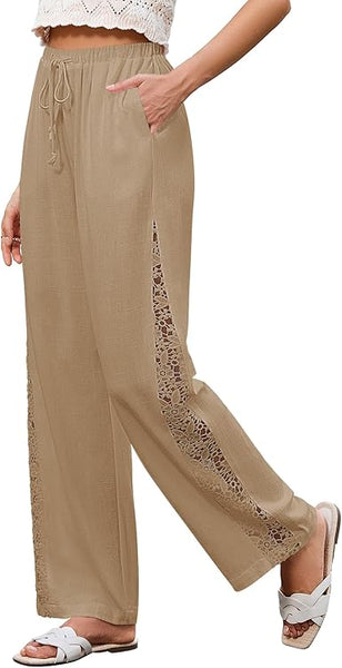 GRAPENT Linen Pants Women Wide Leg High Waisted Crochet Panel Pull On Elastic Waist Casual Summer Beach Vacation Pants