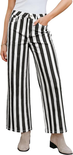 GRAPENT Women Jeans Striped Wide Leg High Waisted Trendy Stretchy Denim Pants Cute Casual Trouser Jeans with Pockets