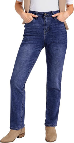 GRAPENT Women's High Waist Straight Leg Denim Pants Stretch Pockets Comfort Jeans Trousers