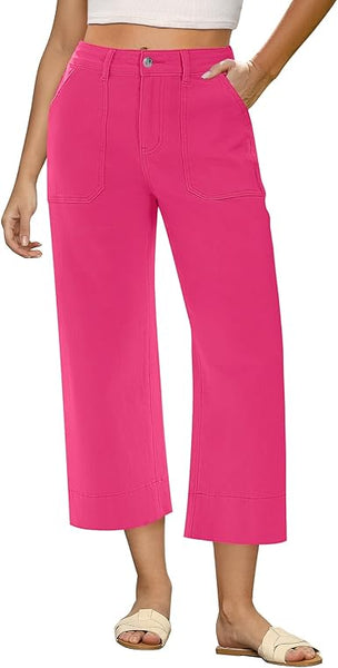 GRAPENT Capri Jeans for Women High Waisted Wide Leg Trendy Strechy Loose Straight Cropped Denim Jeans Pants with Pockets