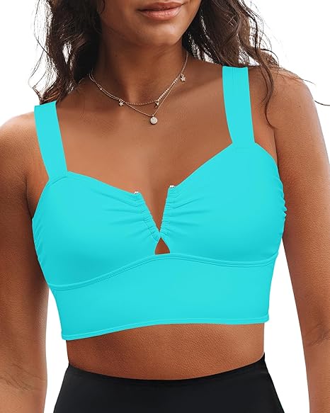 GRAPENT Bikini Tops for Women Cropped Tankini Tops Beach V Bar Padded Ruched Adjustable Strap Swimsuit Swim Top Only