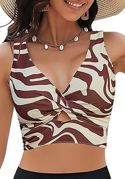 GRAPENT Bikini Tops for Women Cropped Tankini Tops Floral Printed Beach Padded Knot Twist Cut Out Bathing Suit Top Only