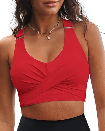 GRAPENT Bikini Tops for Women Twist Front Ruched Bathing Suit Adjustable Crisscross Back Cropped Tankini Swim Top Only