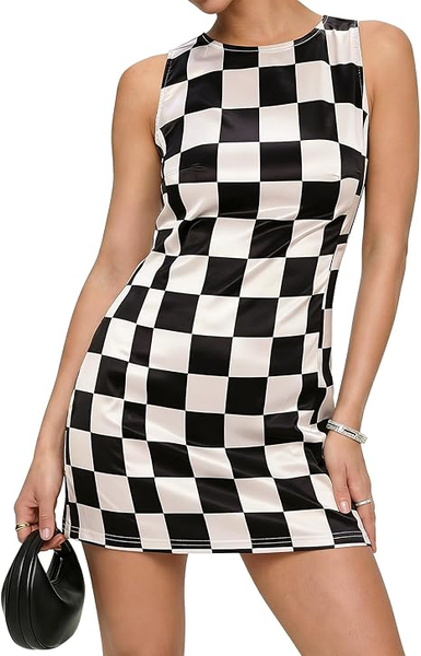GRAPENT Satin Dress for Women Summer Casual Sleeveless Tank Zip Printed 2026 Cocktail Short Mini Dresses with Pockets