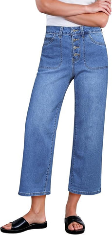 GRAPENT Wide Leg Jeans for Women Cropped Trendy High Waisted Button Fly Loose Straight Leg Stretchy Denim Trouser Jeans