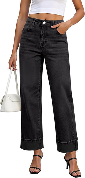 GRAPENT Wide Leg Jeans for Women Trendy High Waisted Cuffed Hem Stretchy Denim Trousers Pants Work Casual Jeans