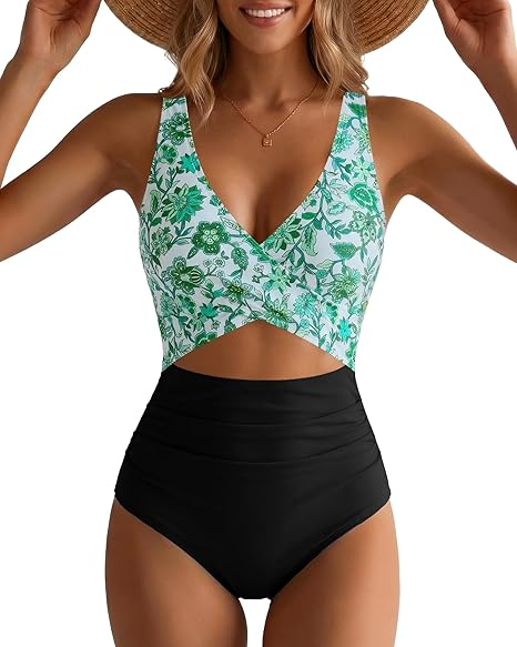 GPAPENT StrapCore One Piece Swimsuit Women V Neck Cross Front Cut Out Printed Color Block Ruched High Waisted Bathing Suits Swimwear