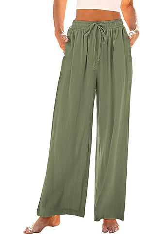 GRAPENT Wide Leg Pants Woman Linen High Waisted Pull On Flowy Casual Baggy Drawstring Palazzo Trousers Pants Resort Wear