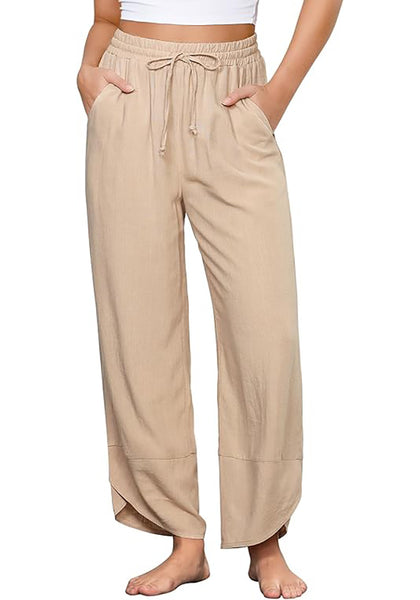 GRAPENT Linen Pants Women High Waisted Wide Leg Casual Beach Pull On Elastic Waist Summer Cropped Pants with Pockets