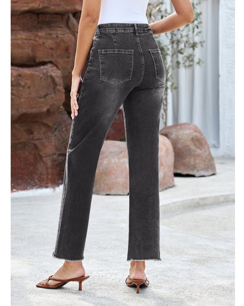GRAPENT Straight Leg Jeans for Women High Waisted Stretchy Frayed Raw Hem Loose Denim Pants Casual Baggy Jean Trousers