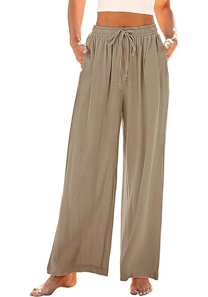 GRAPENT Wide Leg Pants Woman Linen High Waisted Pull On Flowy Casual Baggy Drawstring Palazzo Trousers Pants Resort Wear