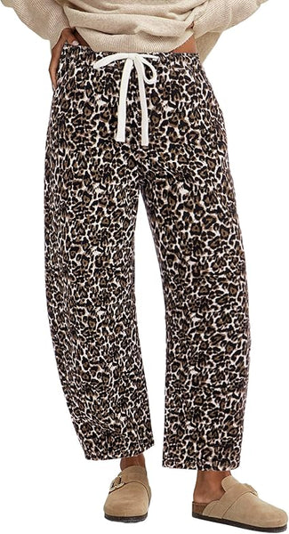 GRAPENT Barrel Jeans for Women Trendy High Waisted Pull On Wide Leg Cropped Leopard Cheetah Print Stretchy Denim Pants