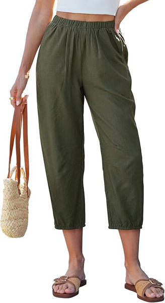 GRAPENT Capri Pants for Women Linen Barrel High Waisted Pull On Elastic Waist Casual Summer Capris Beach Vacation Pants