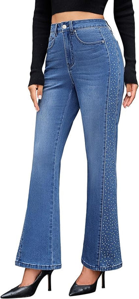 GRAPENT Flare Jeans for Women High Waisted Trendy Wide Leg Embellished Rhinestone Sparkly Concert Stretchy Denim Pants