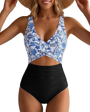 GPAPENT StrapCore One Piece Swimsuit Women V Neck Cross Front Cut Out Printed Color Block Ruched High Waisted Bathing Suits Swimwear