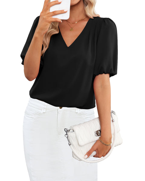 GRAPENT Business Casual Tops for Women Work Blouses Dressy Short Puff Sleeve Office Pleated V Neck Trendy Summer Blouse