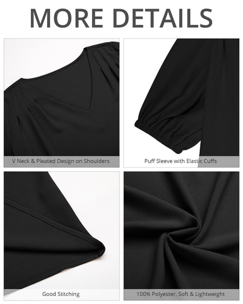 GRAPENT Business Casual Tops for Women Work Blouses Dressy Short Puff Sleeve Office Pleated V Neck Trendy Summer Blouse