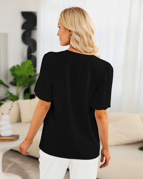 GRAPENT Business Casual Tops for Women Work Blouses Dressy Short Puff Sleeve Office Pleated V Neck Trendy Summer Blouse