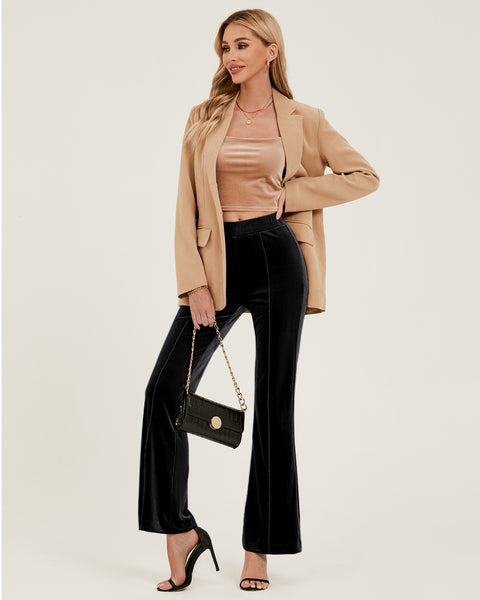 GRAPENT Flare Velvet Pants for Women High Waisted Wide Leg Stretch Elastic Waist Pull On Trousers Front Seam Slacks