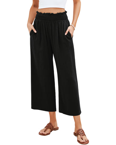 GRAPENT Capri Pants for Women High Waisted Wide Leg Linen Palazzo Trousers Pull On Elastic Smock Waist Loose Flowy Pants