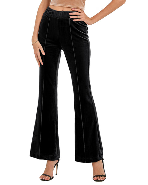 GRAPENT Flare Velvet Pants for Women High Waisted Wide Leg Stretch Elastic Waist Pull On Trousers Front Seam Slacks
