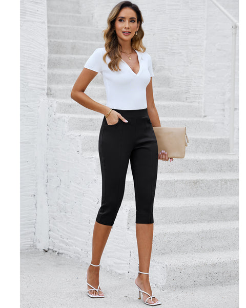 GRAPENT Capri Pants for Women High Waisted Pull On Elastic Waist Dressy Casual Stretchy Capris Trousers Pants Pockets