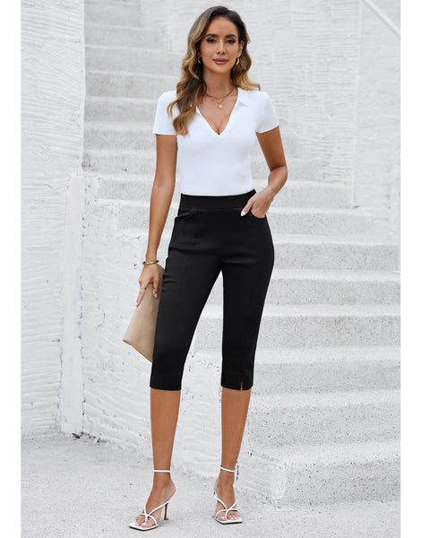 GRAPENT Capri Pants for Women High Waisted Pull On Elastic Waist Dressy Casual Stretchy Capris Trousers Pants Pockets