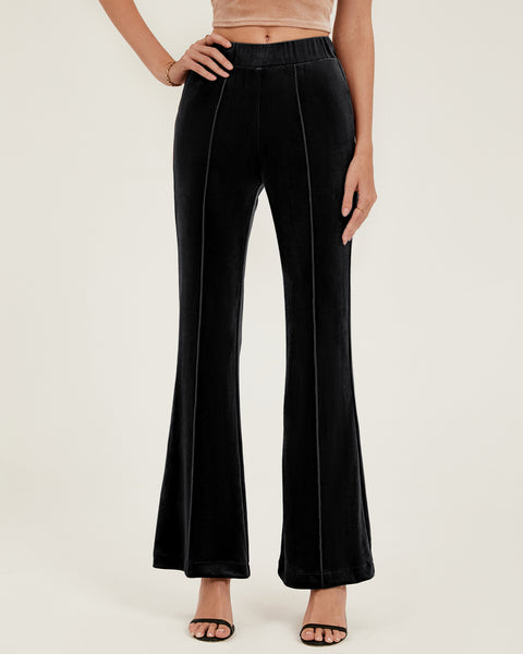GRAPENT Flare Velvet Pants for Women High Waisted Wide Leg Stretch Elastic Waist Pull On Trousers Front Seam Slacks