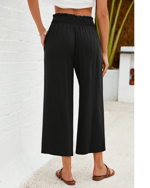 GRAPENT Capri Pants for Women High Waisted Wide Leg Linen Palazzo Trousers Pull On Elastic Smock Waist Loose Flowy Pants
