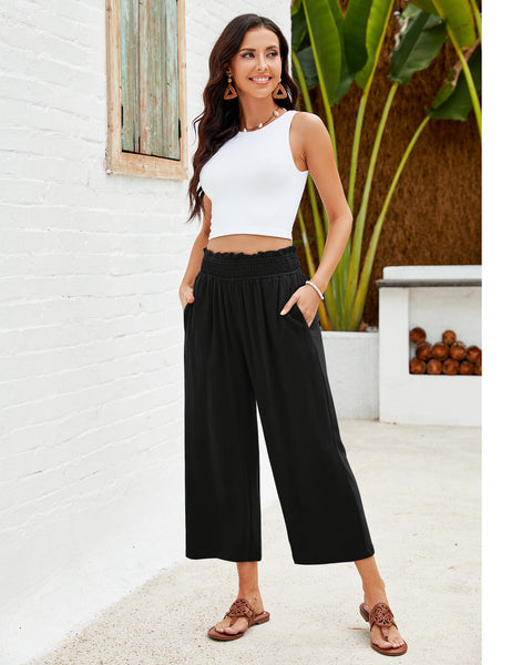 GRAPENT Capri Pants for Women High Waisted Wide Leg Linen Palazzo Trousers Pull On Elastic Smock Waist Loose Flowy Pants
