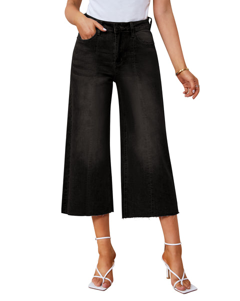 GRAPENT Jean Capris for Women Wide Leg Jeans High Waisted Seamed Front Raw Hem Denim Capri Pants Stretchy