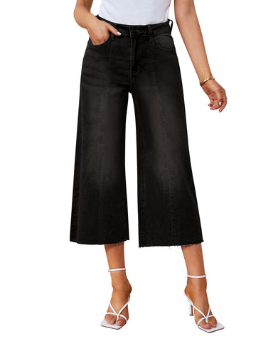 GRAPENT 2023 Jean Capris for Women Wide Leg Jeans High Waisted Seamed Front Raw Hem Denim Capri Pants Stretchy