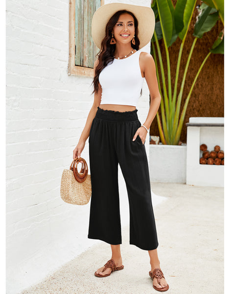 GRAPENT Capri Pants for Women High Waisted Wide Leg Linen Palazzo Trousers Pull On Elastic Smock Waist Loose Flowy Pants