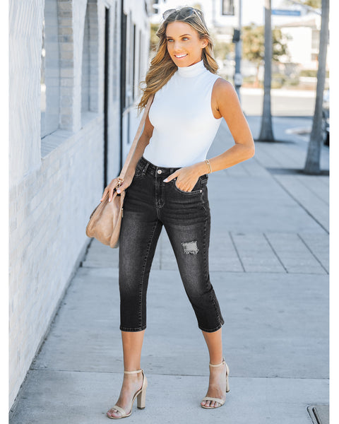 GRAPENT Capris Jeans for Women High Waisted Stretchy Ripped Skinny Denim Capri Pants Distressed Cropped Jeggings Casual