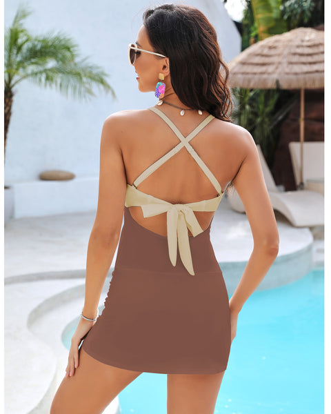 GRAPENT One Piece Bathing Suit for Women with Skirt Cutout Swimsuits Criss Cross Swim Dress Colorblock Tie Back Swimwear