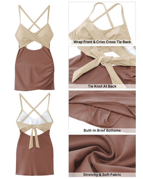 GRAPENT One Piece Bathing Suit for Women with Skirt Cutout Swimsuits Criss Cross Swim Dress Colorblock Tie Back Swimwear