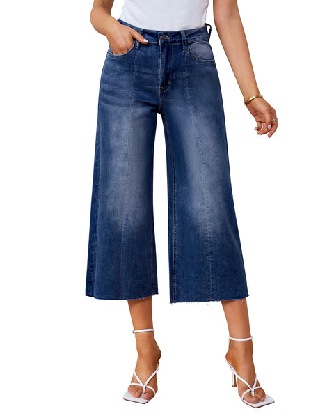 GRAPENT Jean Capris for Women Wide Leg Jeans High Waisted Seamed Front Raw Hem Denim Capri Pants Stretchy