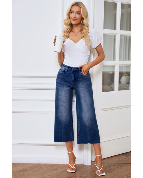 GRAPENT Jean Capris for Women Wide Leg Jeans High Waisted Seamed Front Raw Hem Denim Capri Pants Stretchy