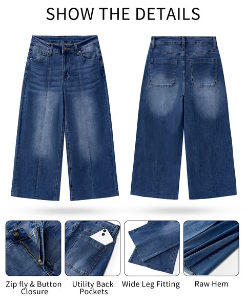 GRAPENT Jean Capris for Women Wide Leg Jeans High Waisted Seamed Front Raw Hem Denim Capri Pants Stretchy