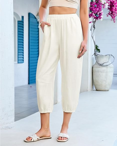 GRAPENT Capri Pants for Women Linen Barrel High Waisted Pull On Elastic Waist Casual Summer Capris Beach Vacation Pants