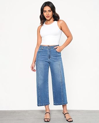 GRAPENT Wide Leg Jeans Woman Trendy Cropped High Waisted Front Seam Casual Stretchy Denim Trouser Jeans with Pockets