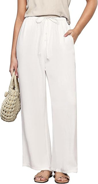 GRAPENT Linen Wide Leg Pants Woman High Waisted Pull On Button Drawstring Baggy Casual Summer Palazzo Pants with Pockets