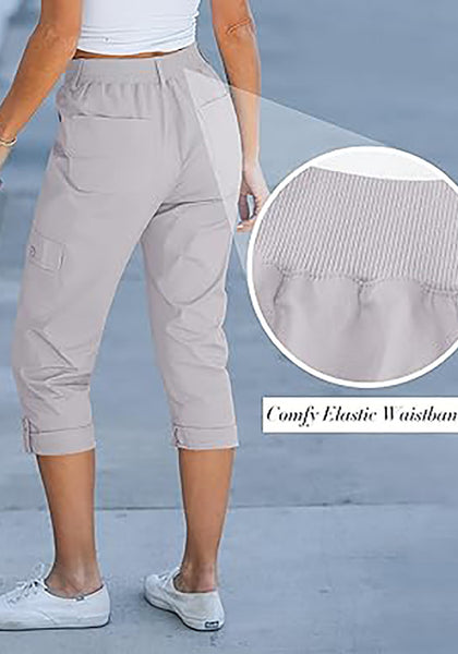 GRAPENT Cargo Capri Pants for Women High Waisted Relaxed Fit Elastic Knit Waist Casual Capris Trousers Cropped Pants