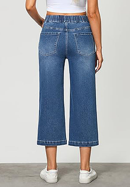 GRAPENT Capri Jeans for Women Wide Leg High Waisted Effortless Flow Pull On Stretchy Denim Elastic Waist Pants with Pockets