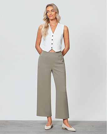 GRAPENT Cropped Pants for Women Trendy Business Casual High Waisted Pull On Wide Leg Stretchy Dress Pants with Pockets