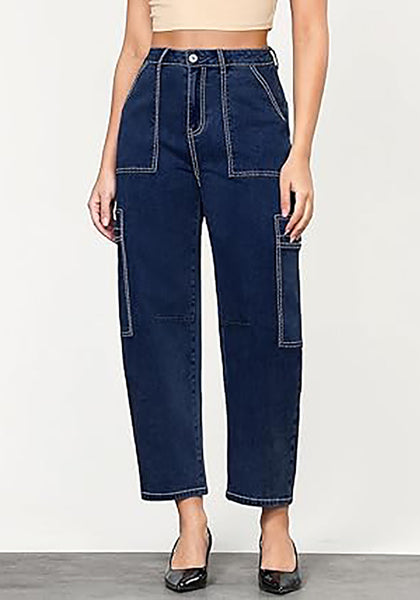 GRAPENT Barrel Jeans for Women Trendy High Waisted Cropped Cargo Pocket Baggy Stretch Denim Pants Wide Leg Tapered Jeans